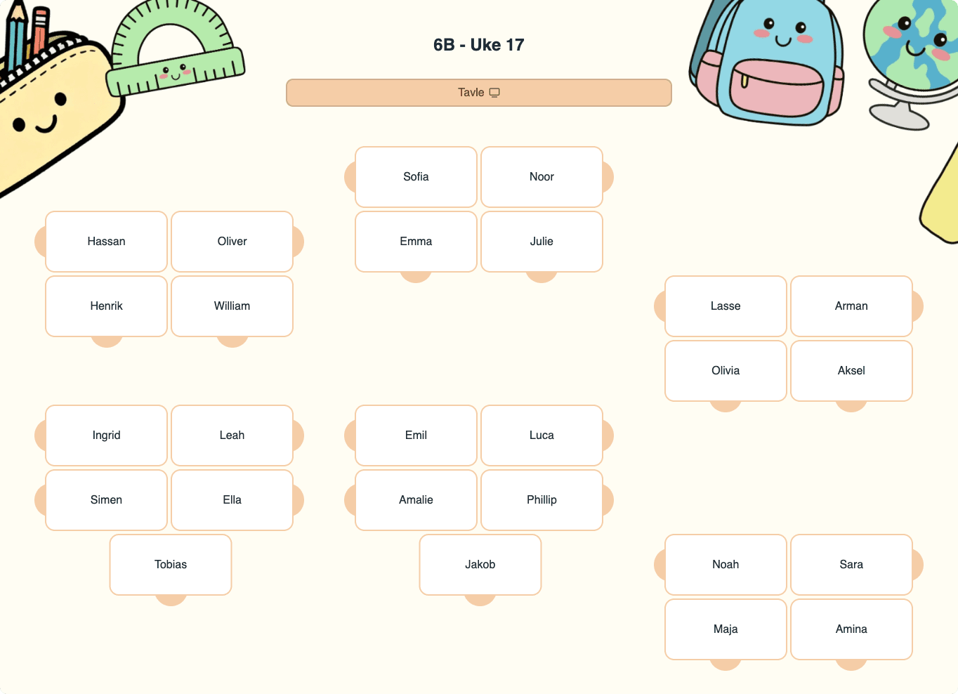 Example seating chart with ready-made style and color coding
